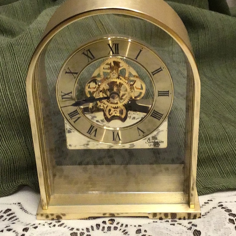 Vintage Sunbeam Brass Quartz Skeleton Desk Clock.  Gold w/ black Roman Numerals.